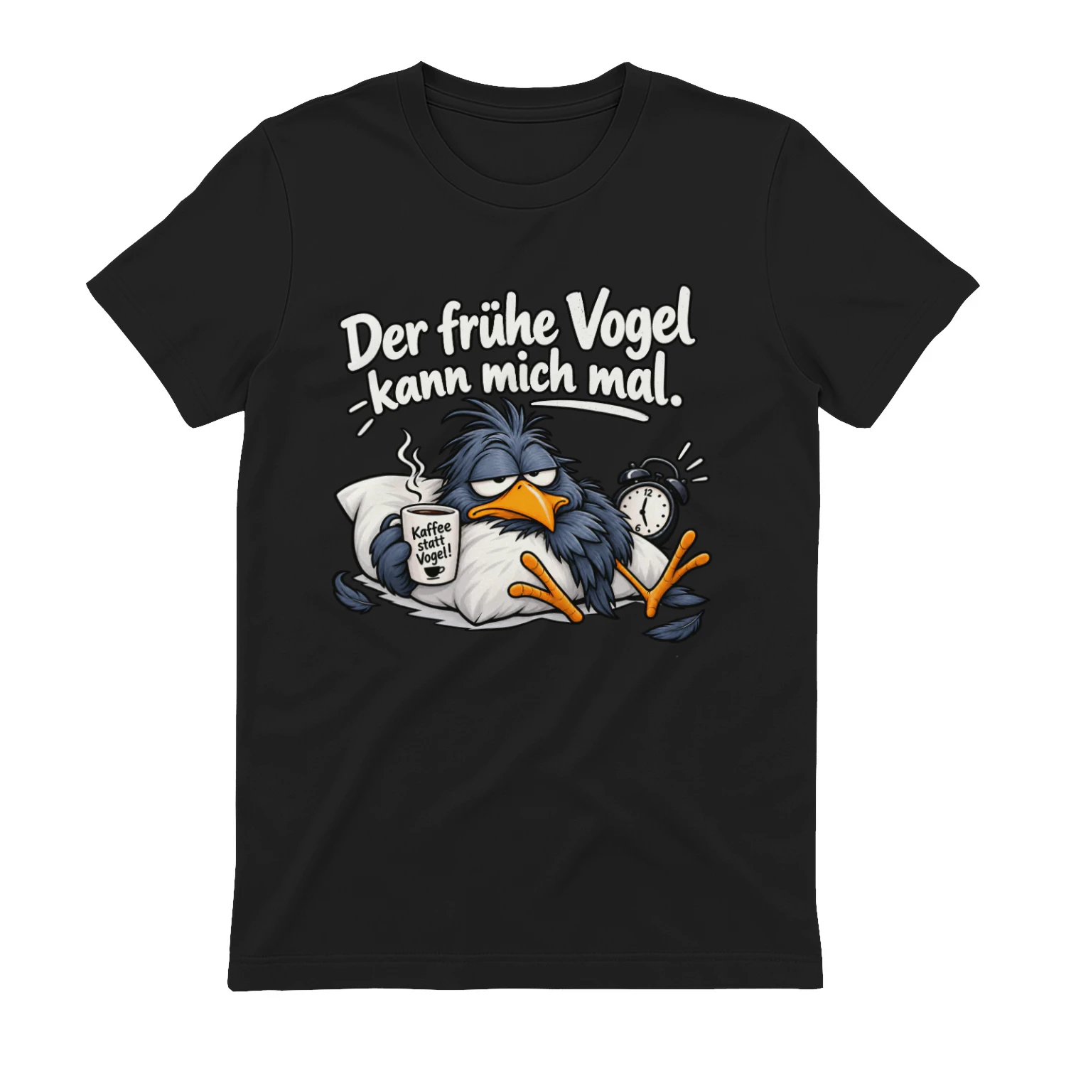 Lustiges Morgenmuffel T Shirt mit Kaffee Vogel