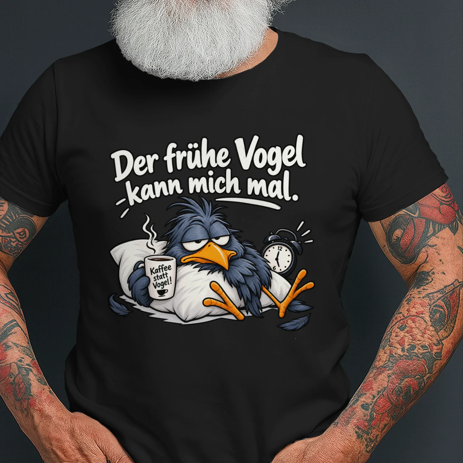 Lustiges Morgenmuffel T Shirt mit Kaffee Vogel