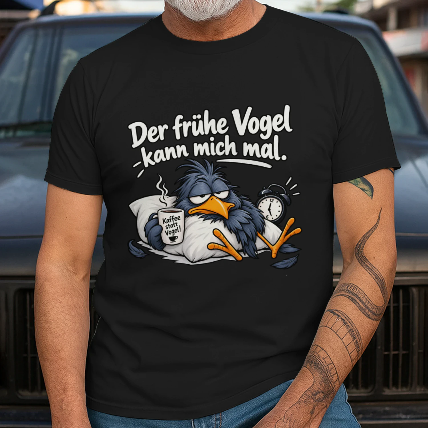 Lustiges Morgenmuffel T Shirt mit Kaffee Vogel