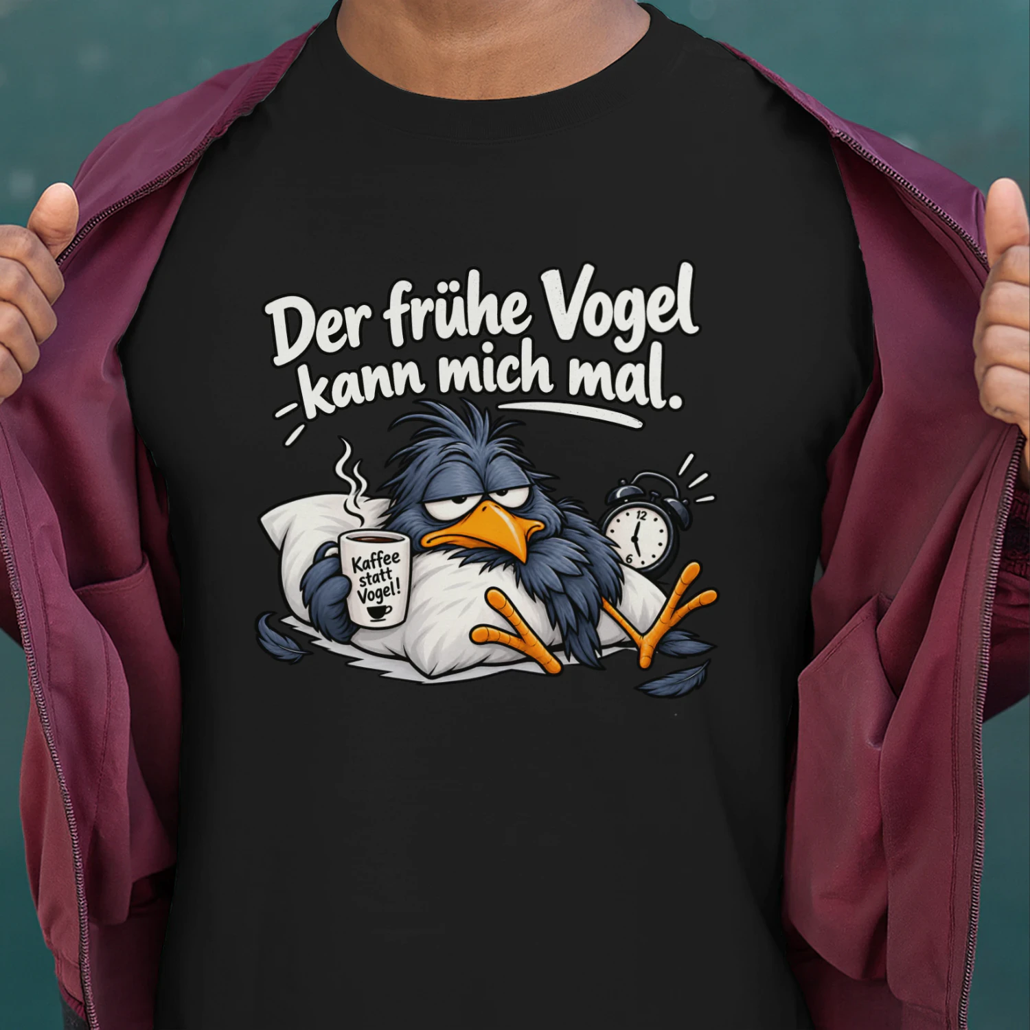 Lustiges Morgenmuffel T Shirt mit Kaffee Vogel