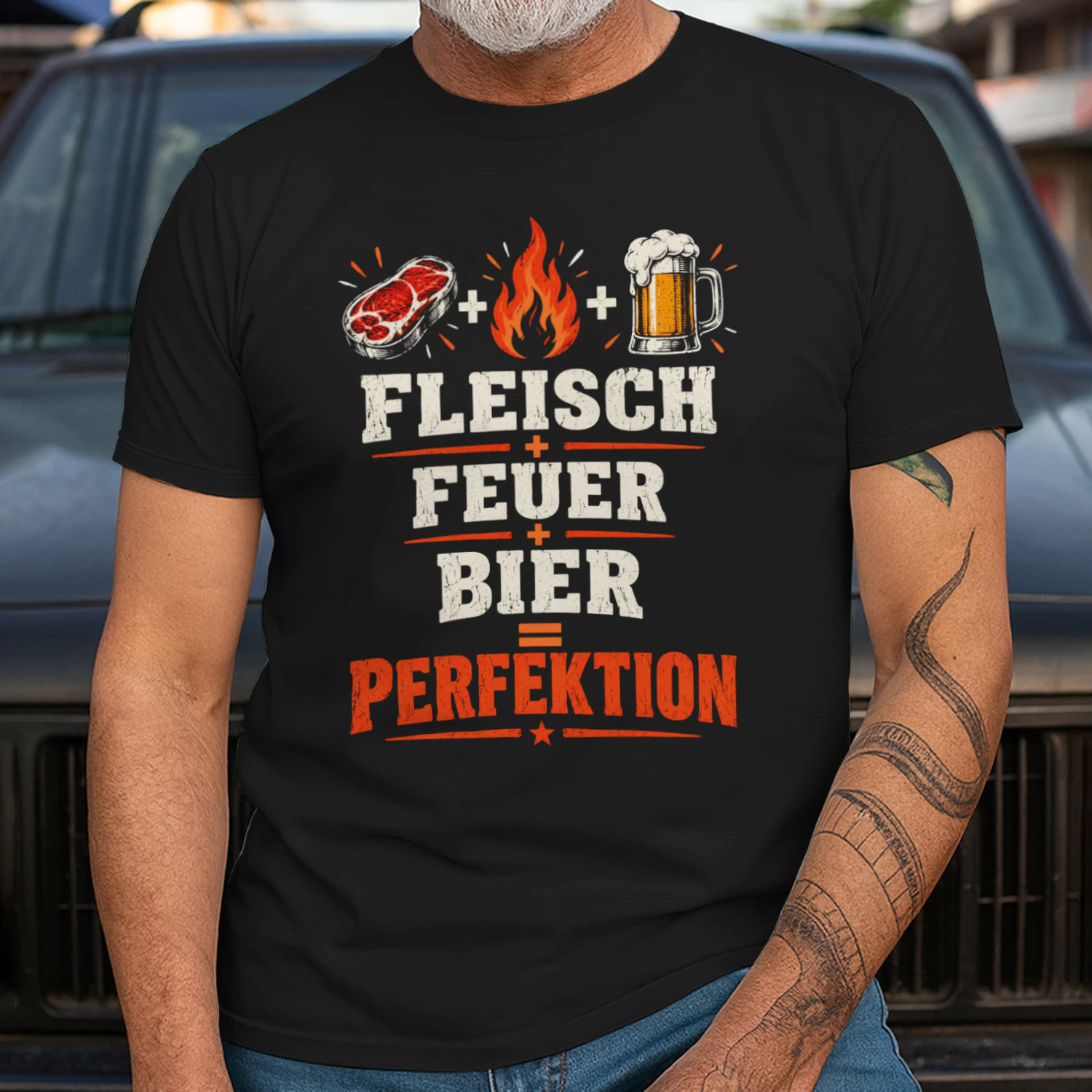 Fleisch + Feuer + Bier = Perfektion – Lustiges Grilldesign im Vintage-Stil