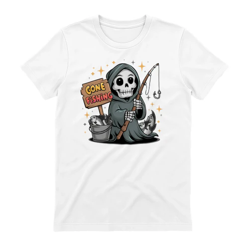 Gone Fishing Grim Reaper Cartoon - Funny Halloween Fisherman Graphic