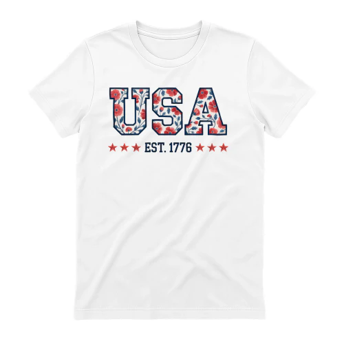 USA Floral Varsity Lettering Est 1776 - Patriotic Floral Design