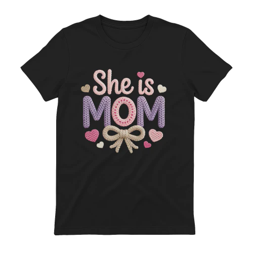 She Is Mom Knitted Texture - Cute Crochet Bow & Hearts Graphic