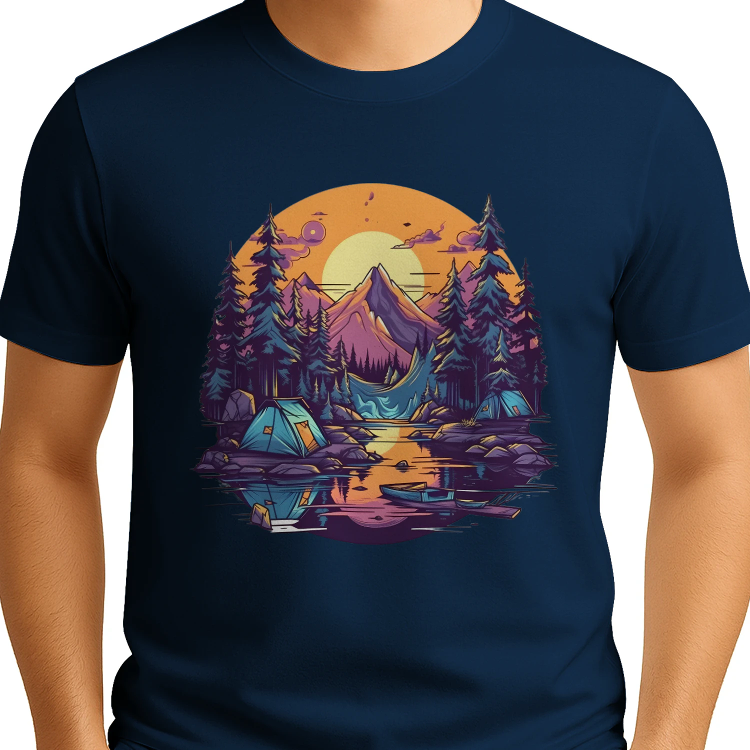 Sunset Mountain Lake Camping Scene - Colorful Wilderness Design