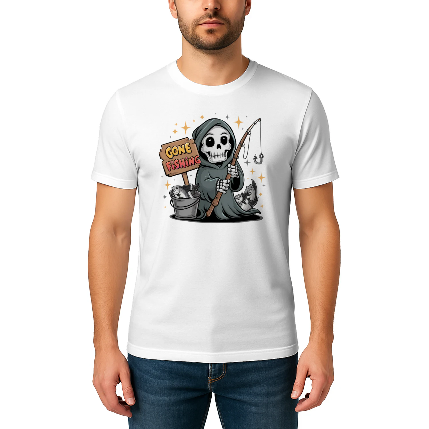 Gone Fishing Grim Reaper Cartoon - Funny Halloween Fisherman Graphic