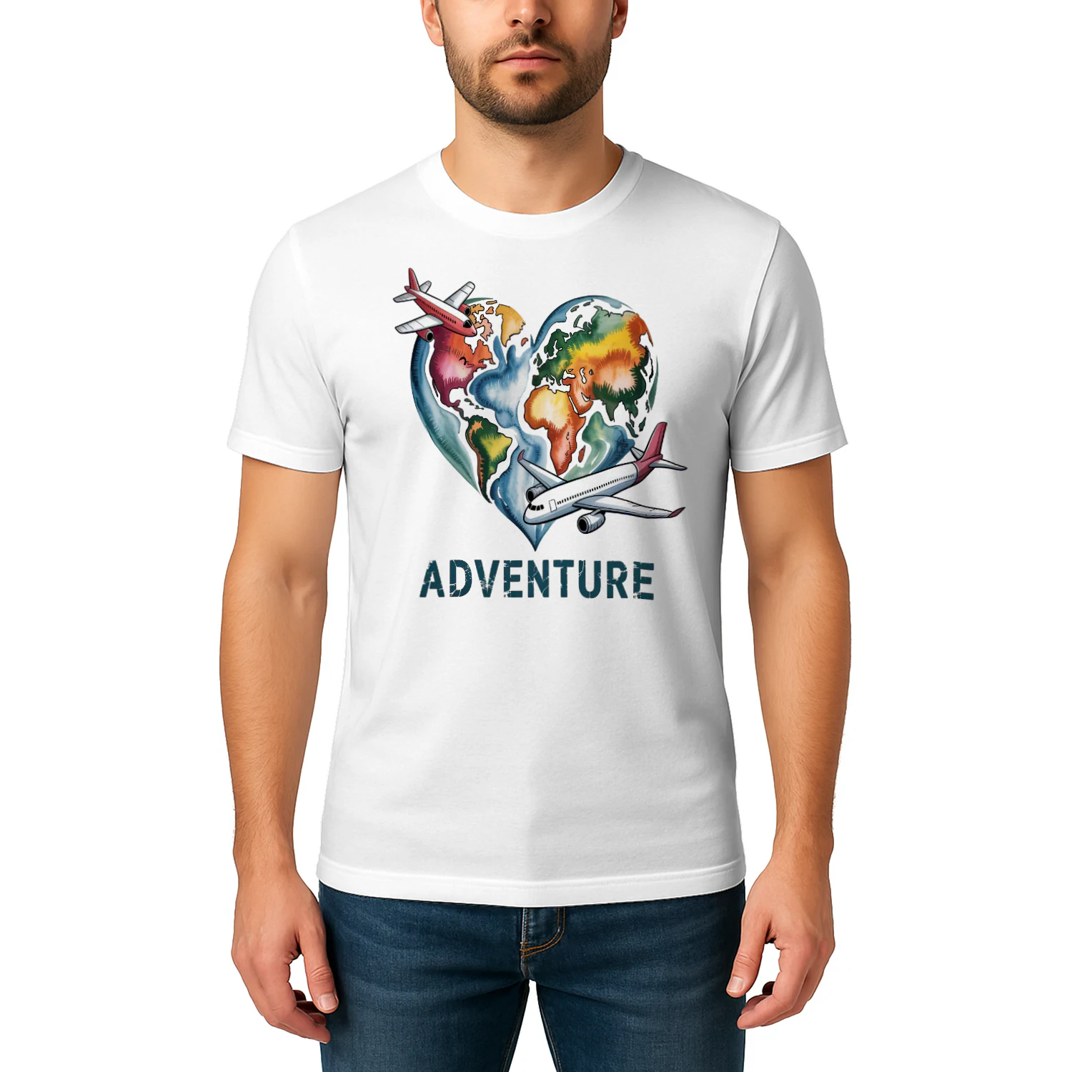 Heart World Map Airplane Takeoff - Distressed Adventure Graphic