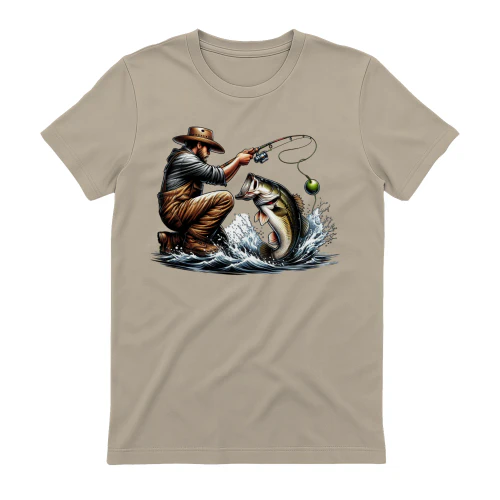 Crouching Fisherman Reeling Bass - Dynamic Angler Artwork