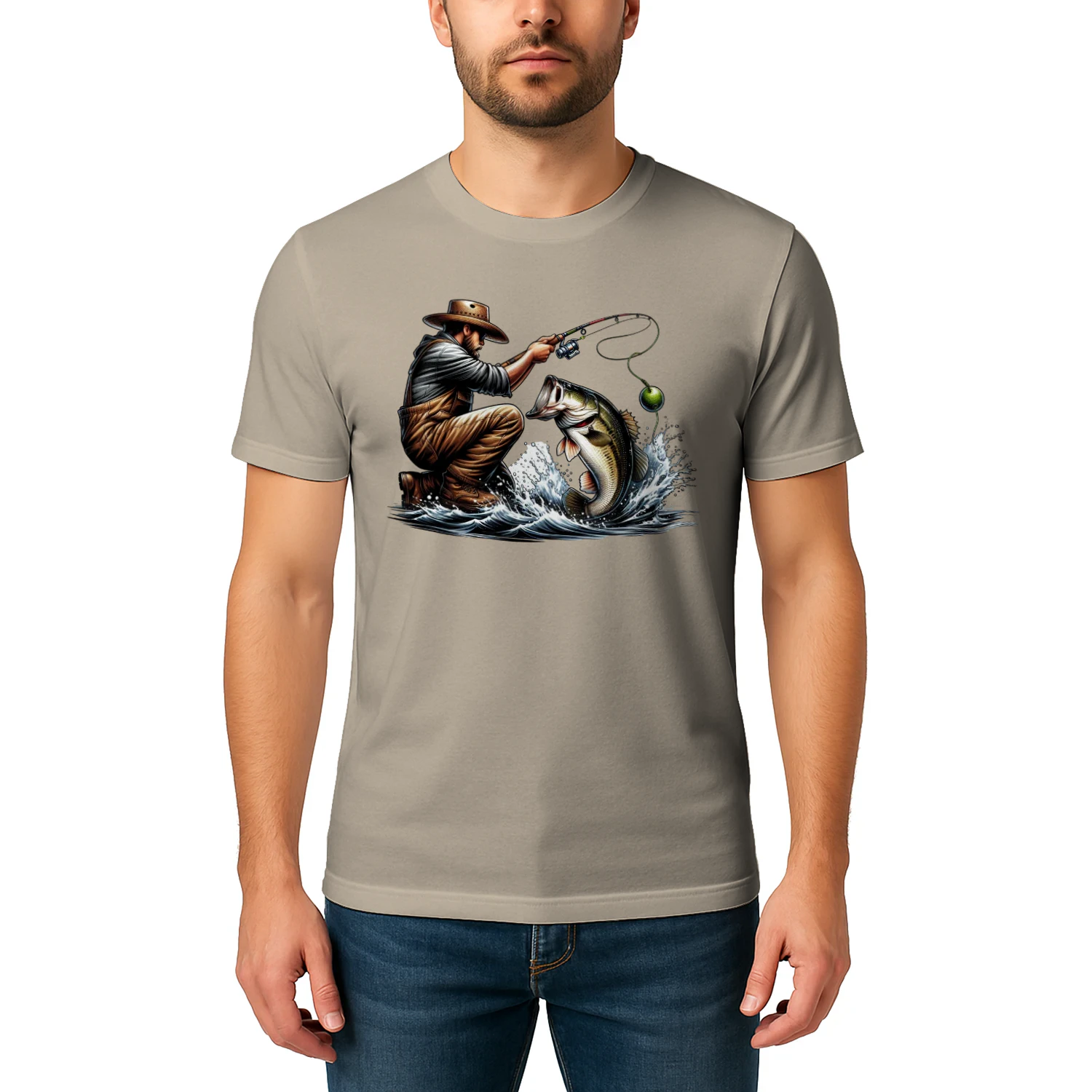 Crouching Fisherman Reeling Bass - Dynamic Angler Artwork