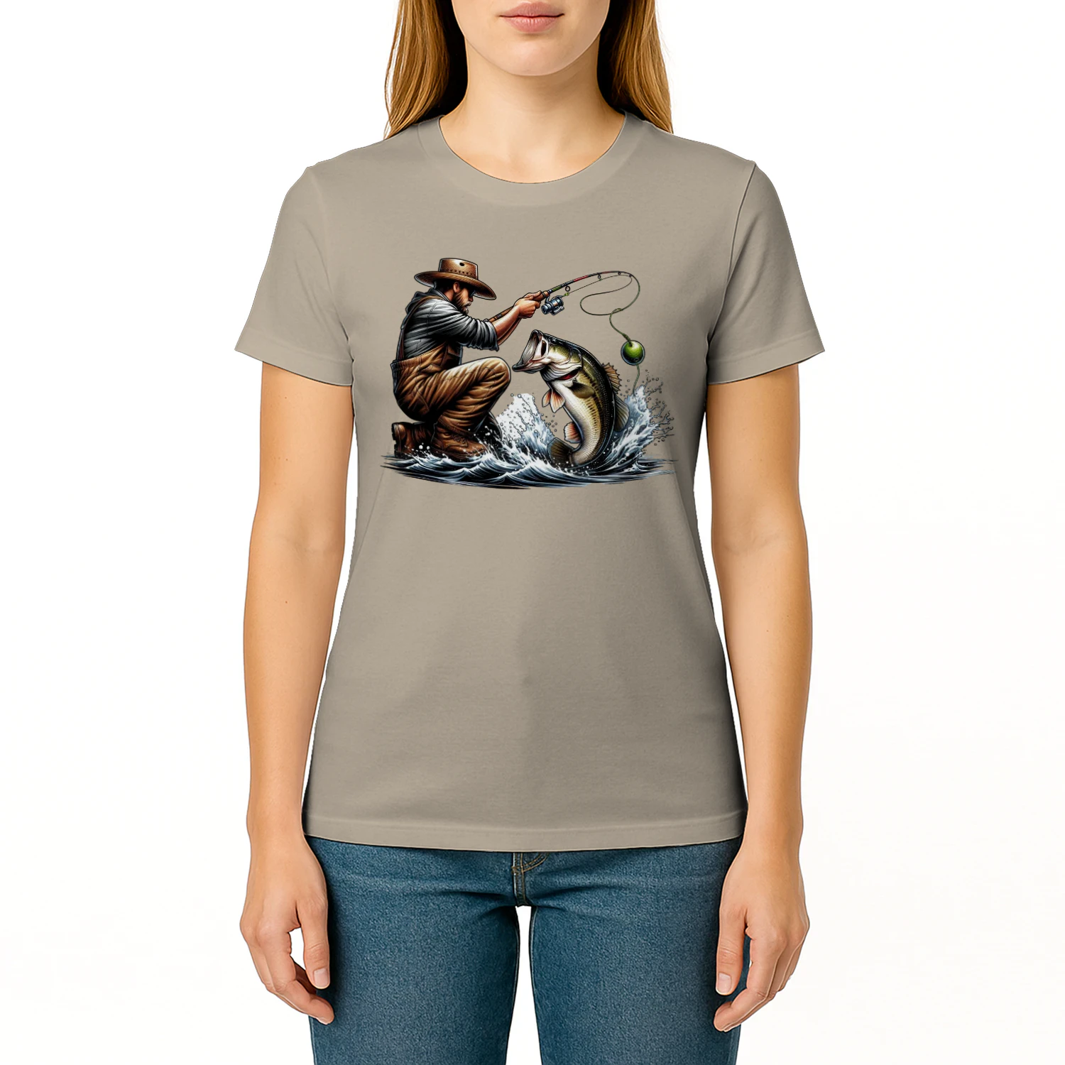 Crouching Fisherman Reeling Bass - Dynamic Angler Artwork