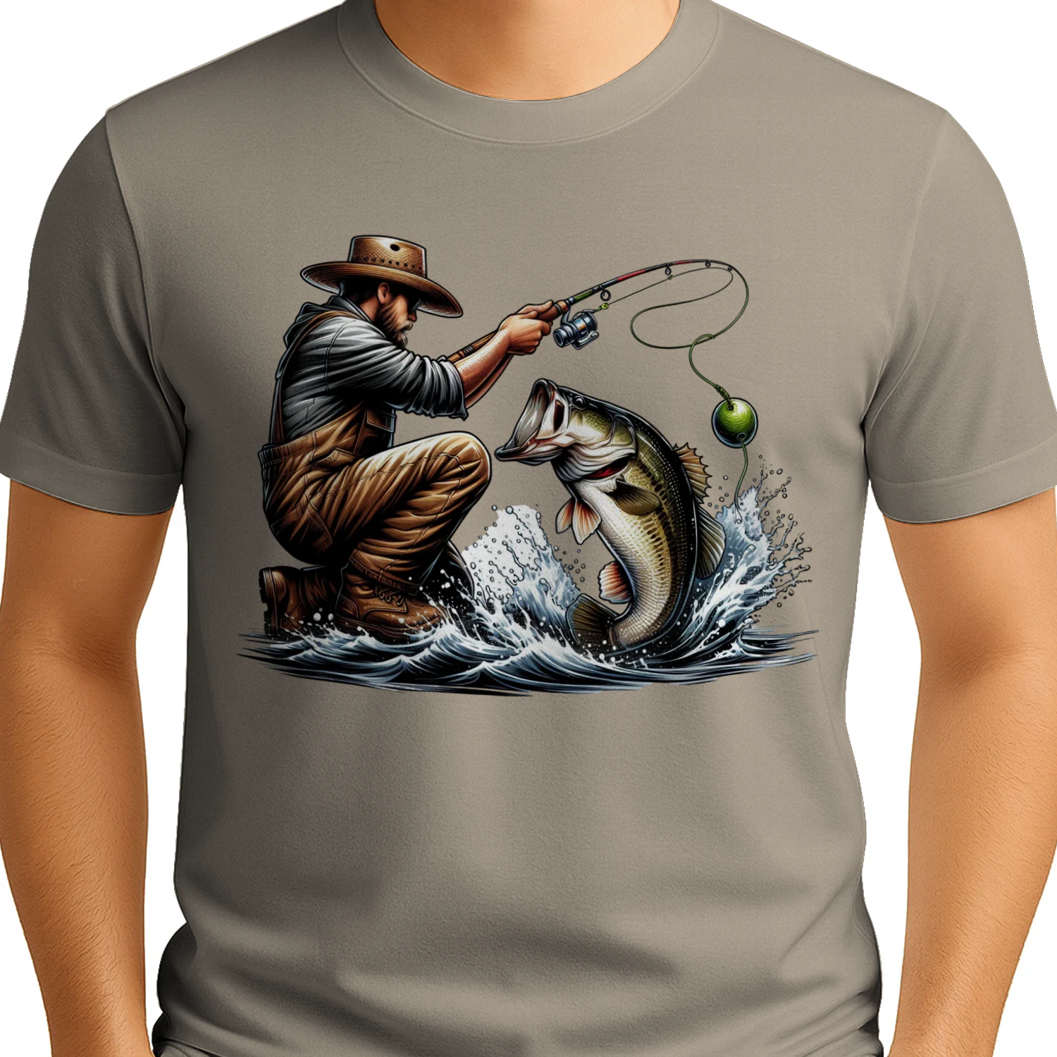 Crouching Fisherman Reeling Bass - Dynamic Angler Artwork