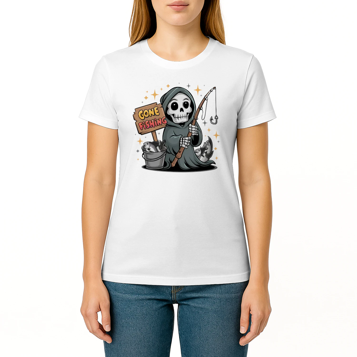 Gone Fishing Grim Reaper Cartoon - Funny Halloween Fisherman Graphic
