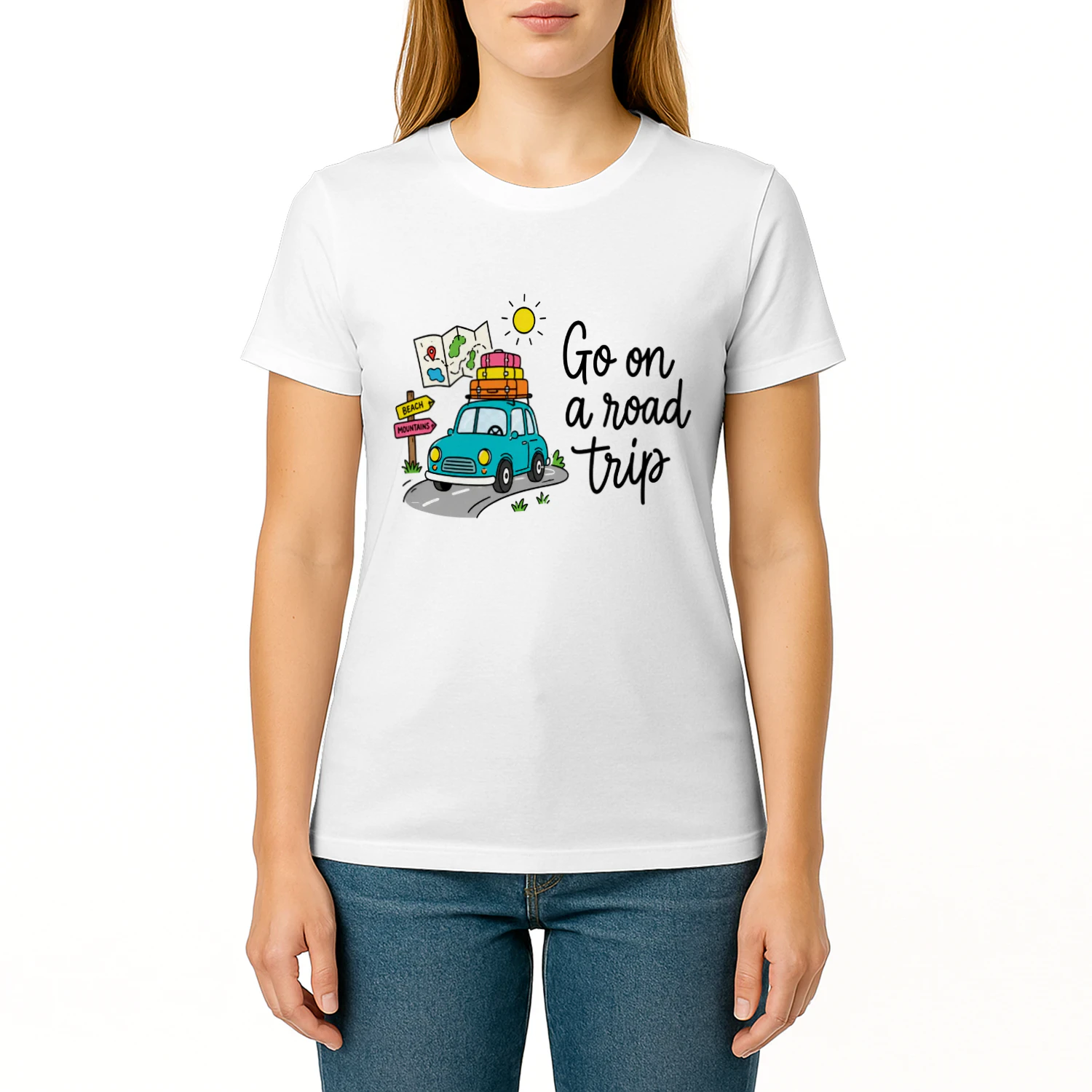 Go On A Road Trip Cute Blue Car Luggage – Cute Travel Graphic