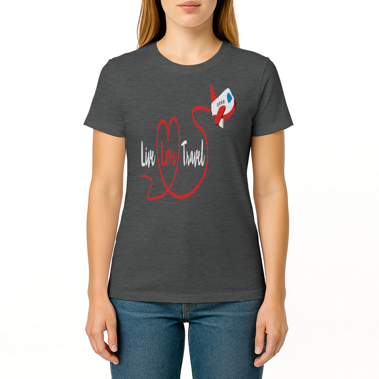 Live Love Travel Airplane Red Heart Trail - Cute Flight Graphic