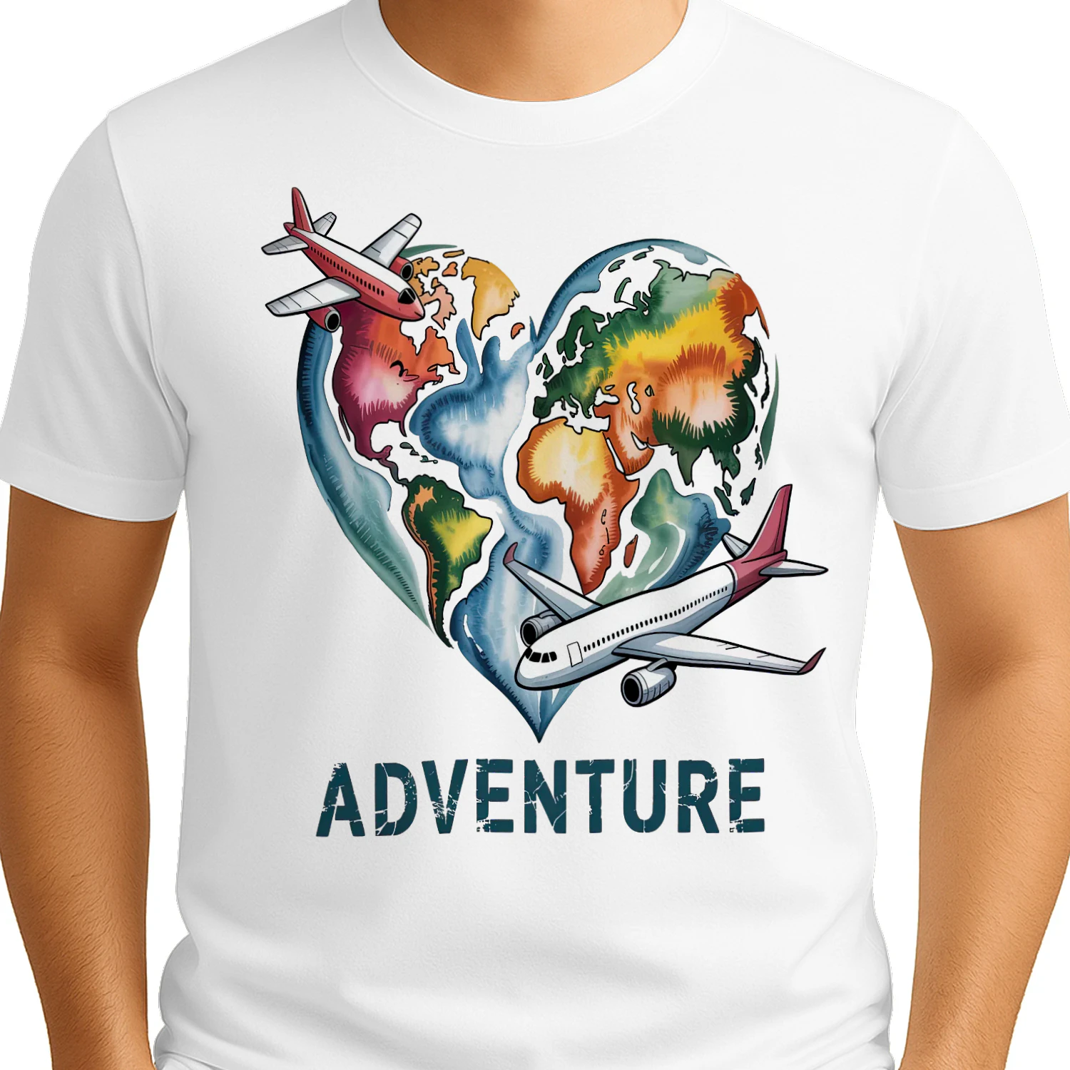 Heart World Map Airplane Takeoff - Distressed Adventure Graphic