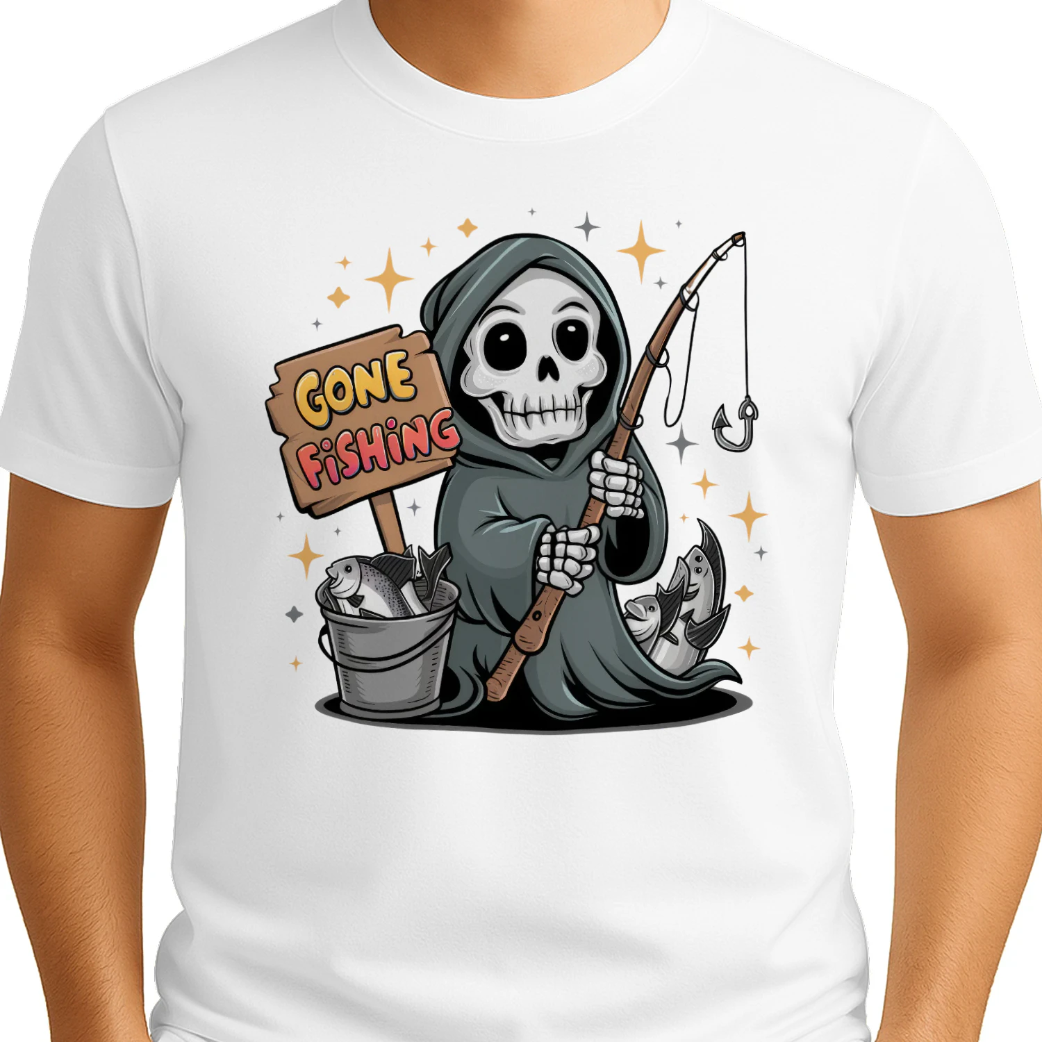 Gone Fishing Grim Reaper Cartoon - Funny Halloween Fisherman Graphic