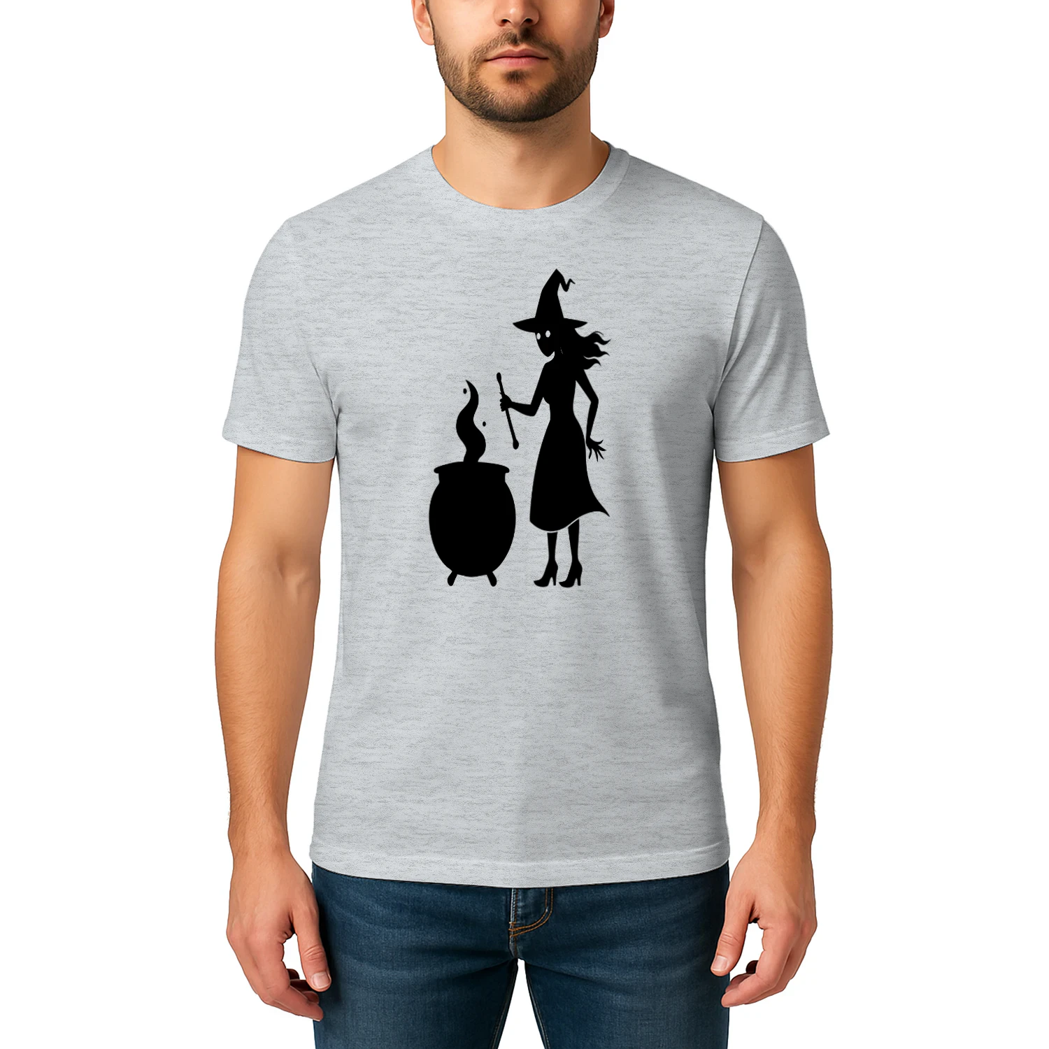 Witch Brewing Potion Cauldron Silhouette - Spooky Halloween Graphic