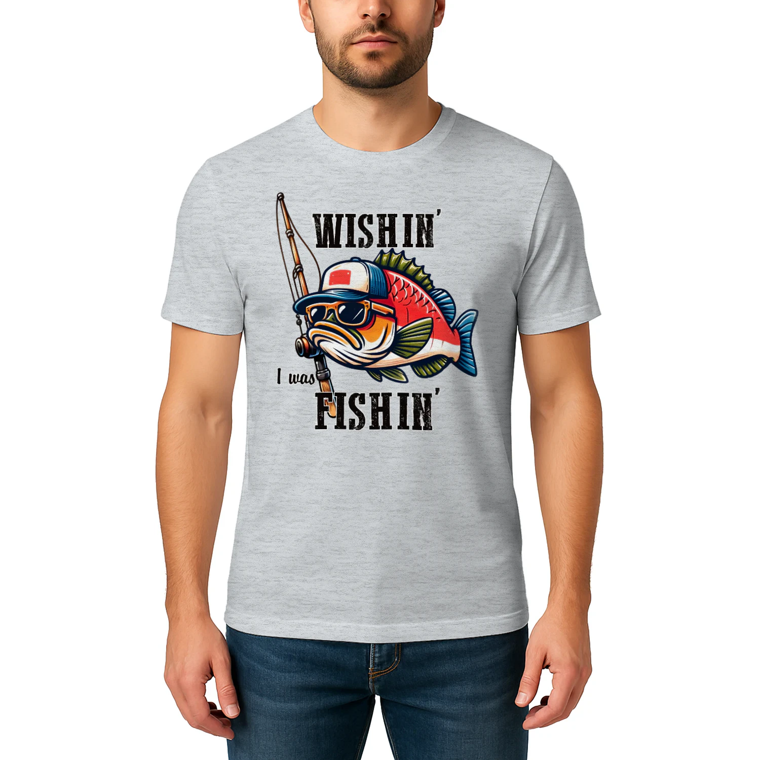 Wishin I Was Fishin Cool Fish Character - Funny Angler Quote Graphic