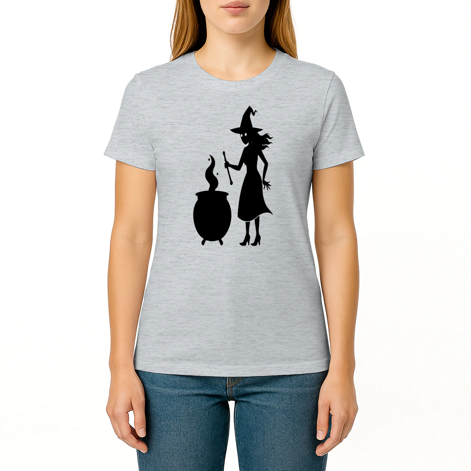 Witch Brewing Potion Cauldron Silhouette - Spooky Halloween Graphic