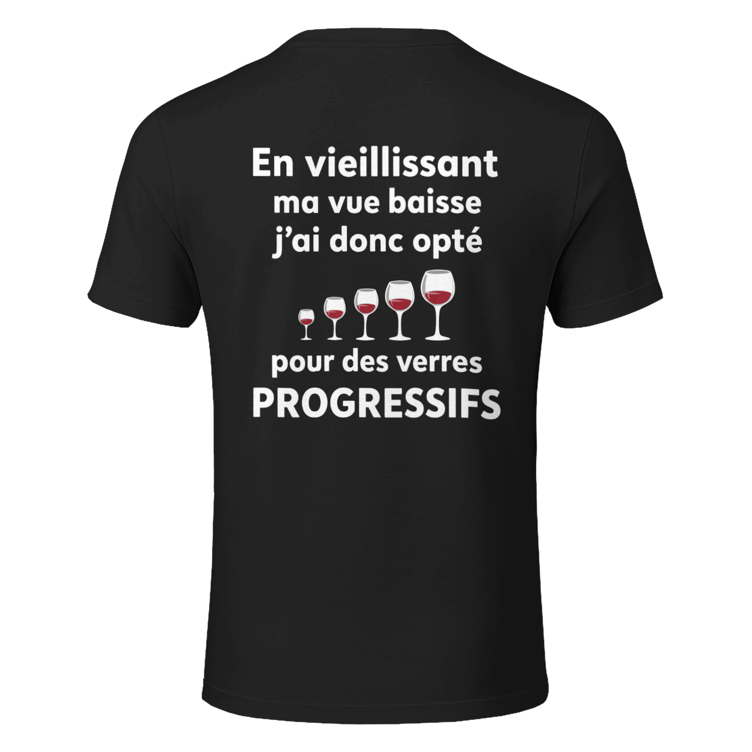 « En vieillissant ma vue baisse, j’ai donc opté pour des verres progressifs » T-shirt humoristique vin