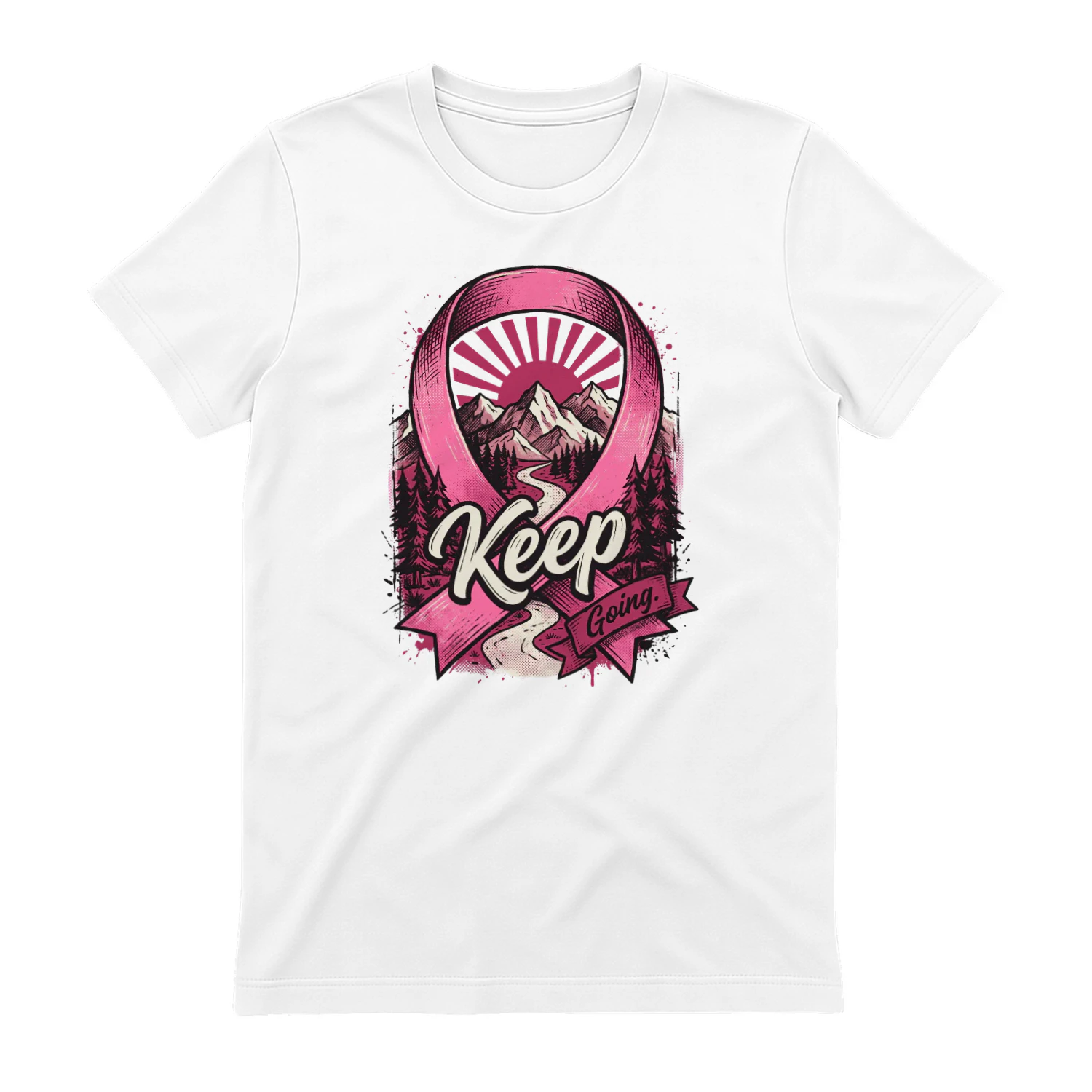 Keep Going Pink Ribbon Mountain Graphic T-Shirt Design