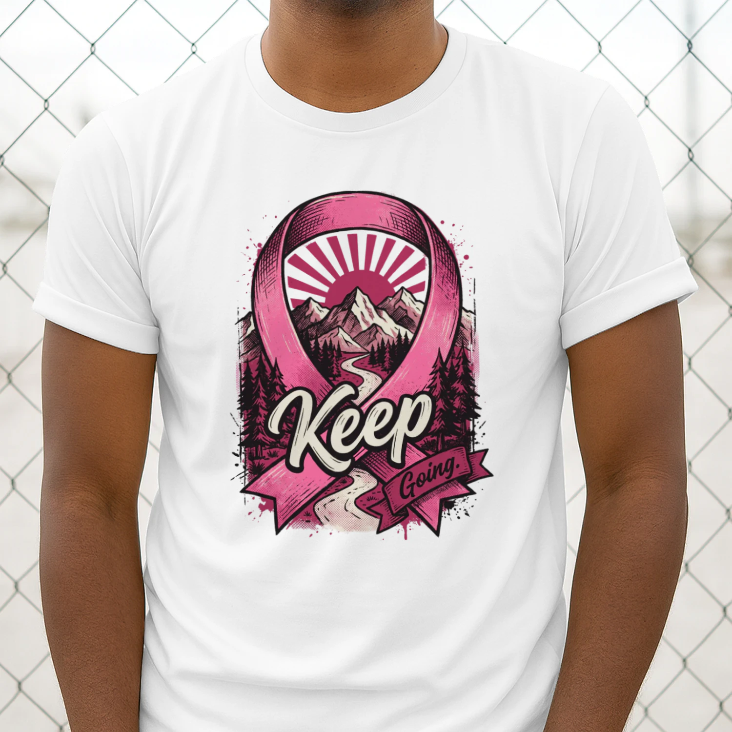 Keep Going Pink Ribbon Mountain Graphic T-Shirt Design