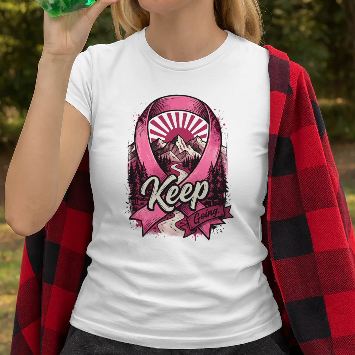 Keep Going Pink Ribbon Mountain Graphic T-Shirt Design