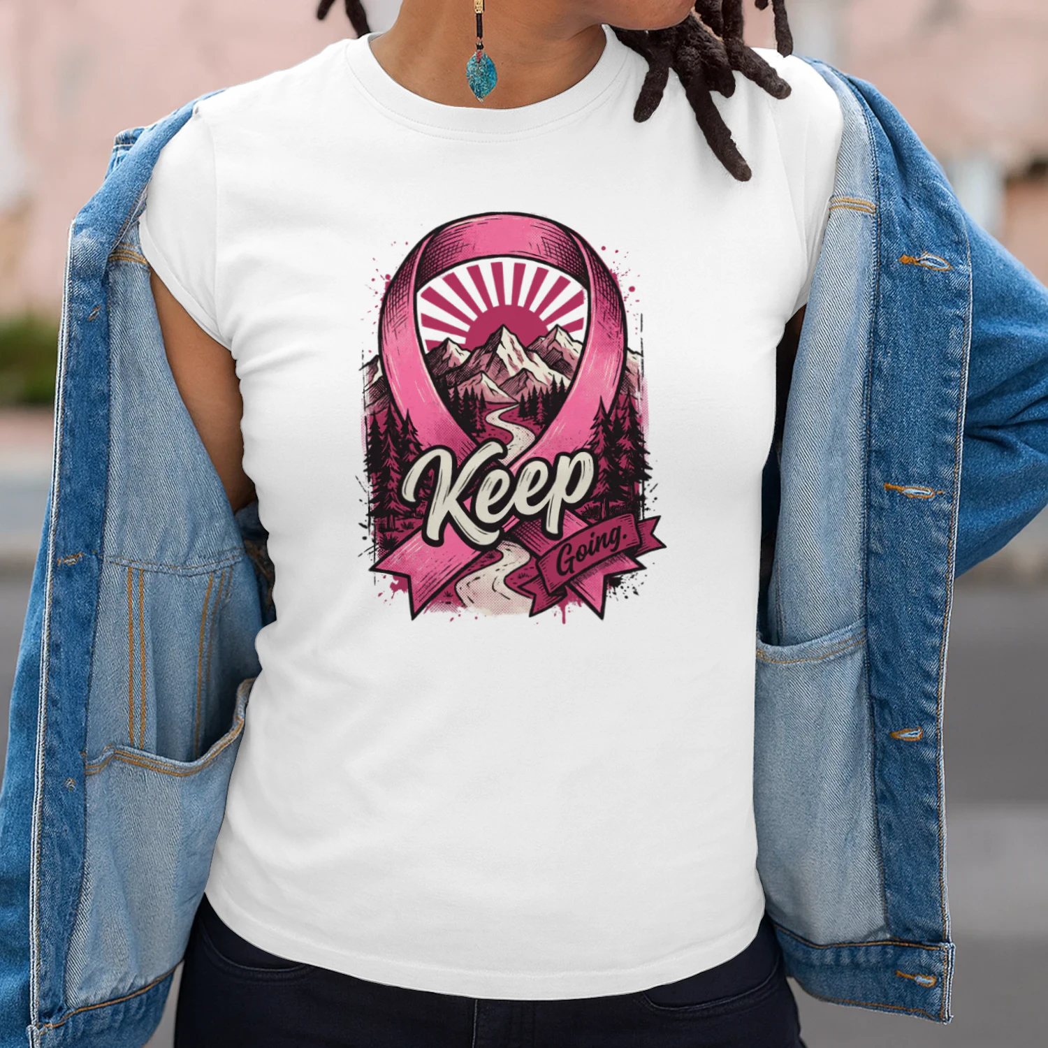 Keep Going Pink Ribbon Mountain Graphic T-Shirt Design