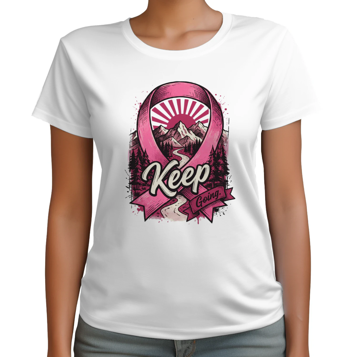 Keep Going Pink Ribbon Mountain Graphic T-Shirt Design