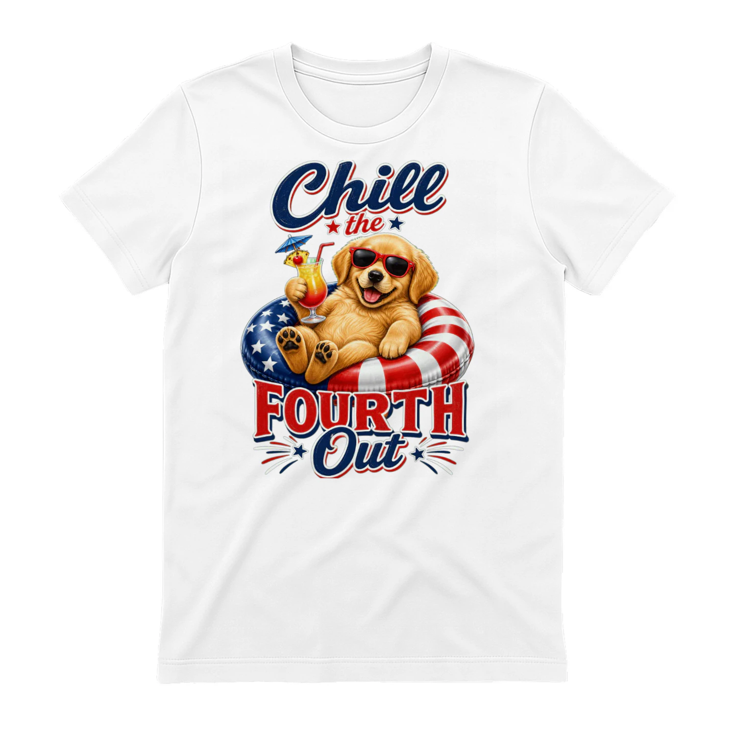 Chill the Fourth Out" Patriotic Dog T-Shirt - Funny 4th of July Golden Retriever / French Bulldog Design - Independence Day Pet Lover Tee.