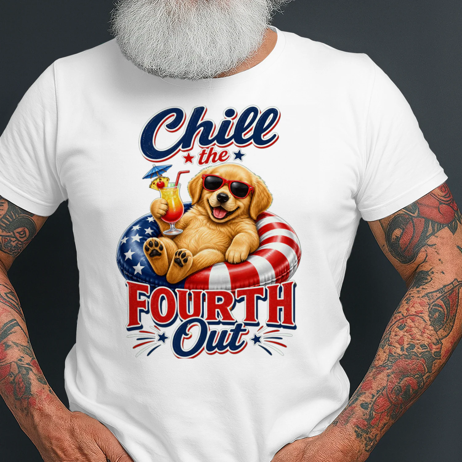 Chill the Fourth Out" Patriotic Dog T-Shirt - Funny 4th of July Golden Retriever / French Bulldog Design - Independence Day Pet Lover Tee.