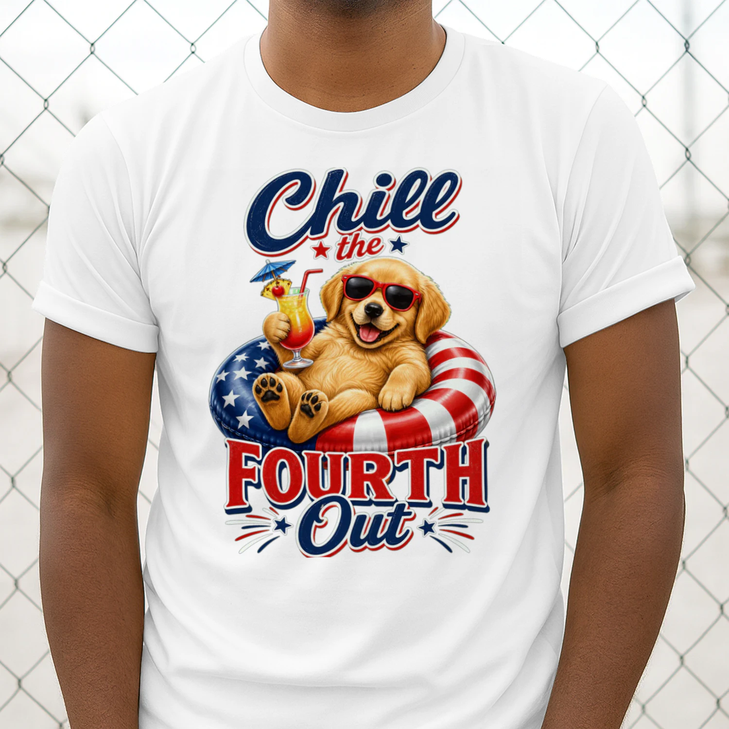 Chill the Fourth Out" Patriotic Dog T-Shirt - Funny 4th of July Golden Retriever / French Bulldog Design - Independence Day Pet Lover Tee.