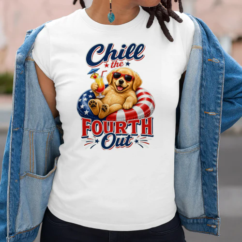 Chill the Fourth Out" Patriotic Dog T-Shirt - Funny 4th of July Golden Retriever / French Bulldog Design - Independence Day Pet Lover Tee.