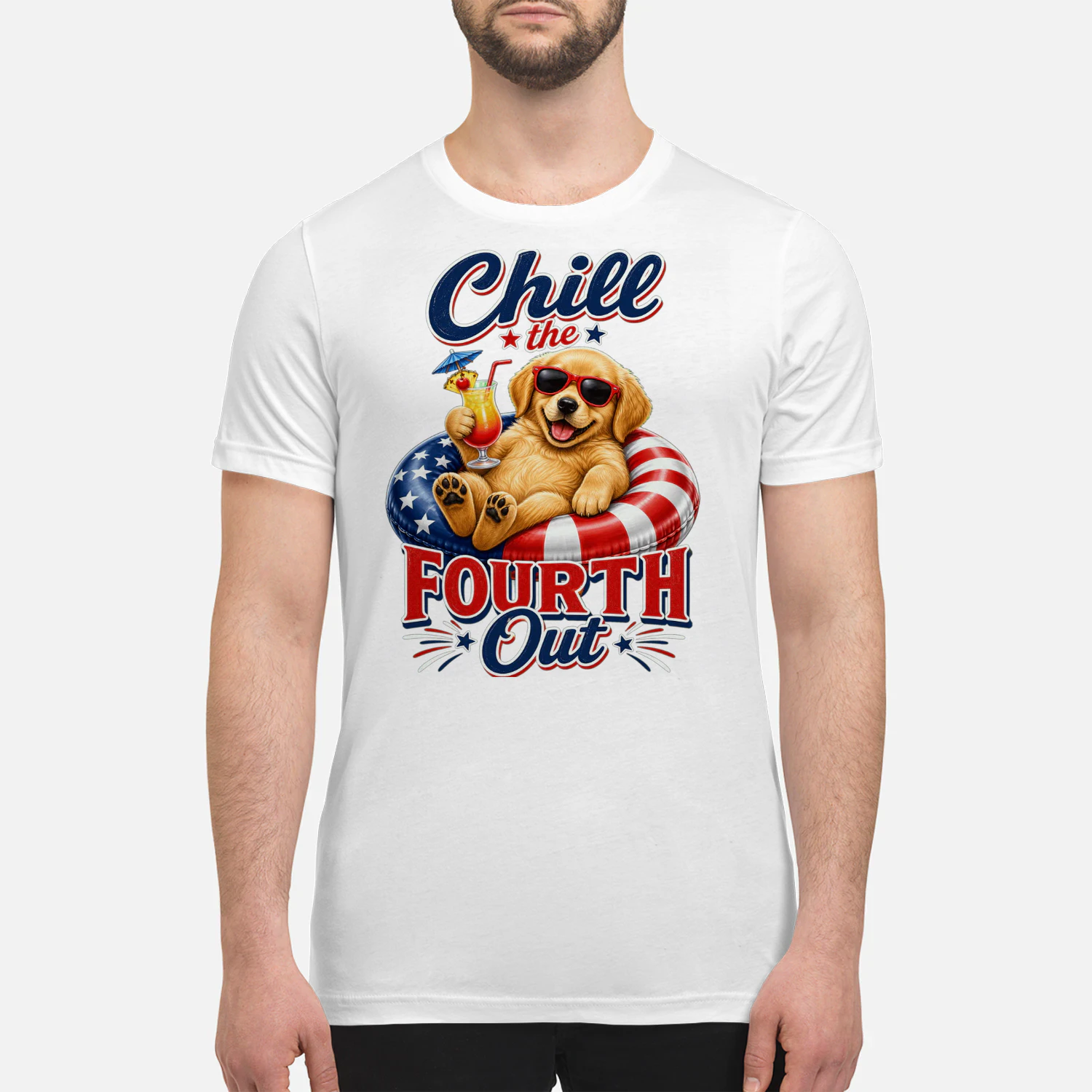 Chill the Fourth Out" Patriotic Dog T-Shirt - Funny 4th of July Golden Retriever / French Bulldog Design - Independence Day Pet Lover Tee.