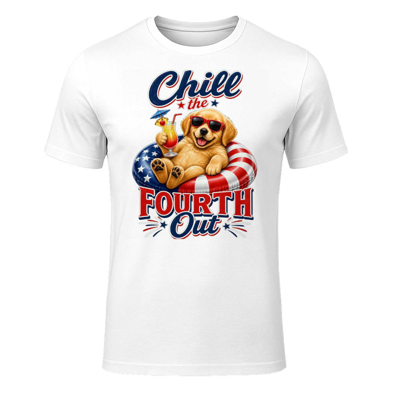 Chill the Fourth Out" Patriotic Dog T-Shirt - Funny 4th of July Golden Retriever / French Bulldog Design - Independence Day Pet Lover Tee.