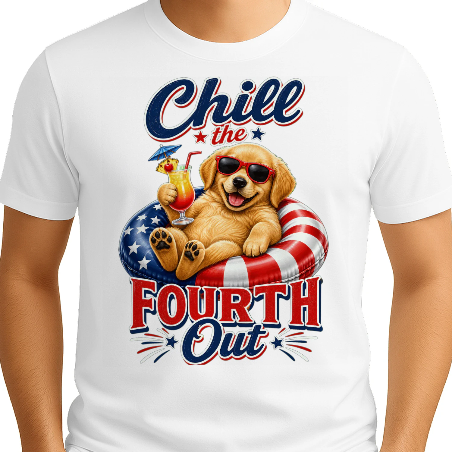 Chill the Fourth Out" Patriotic Dog T-Shirt - Funny 4th of July Golden Retriever / French Bulldog Design - Independence Day Pet Lover Tee.