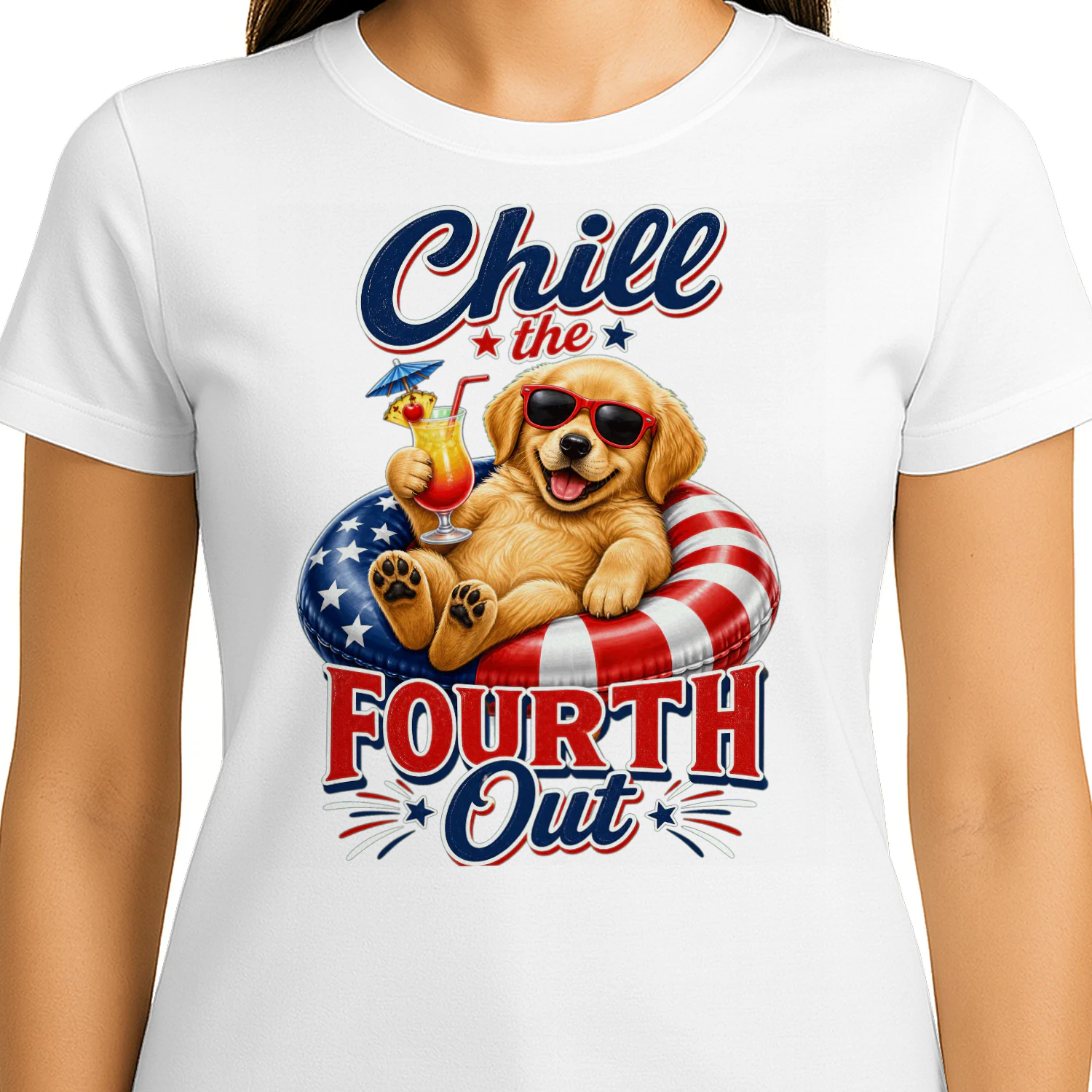 Chill the Fourth Out" Patriotic Dog T-Shirt - Funny 4th of July Golden Retriever / French Bulldog Design - Independence Day Pet Lover Tee.
