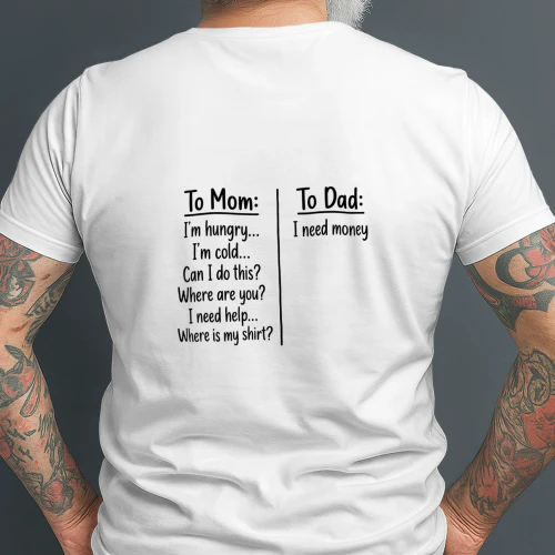 To Mom: I'm hungry... I'm cold... Can I do this? Where are you? I need help... Where is my shirt? To Dad: I need money