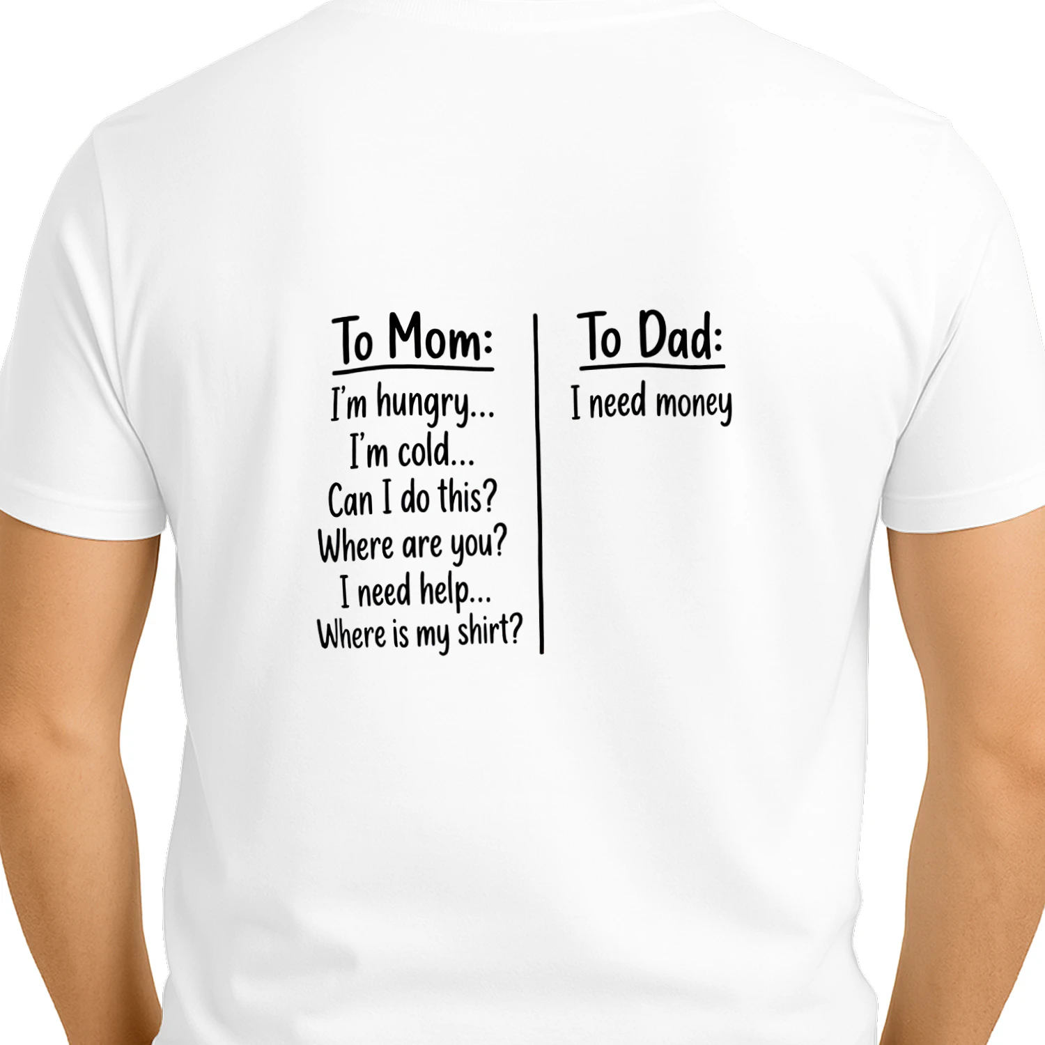 To Mom: I'm hungry... I'm cold... Can I do this? Where are you? I need help... Where is my shirt? To Dad: I need money