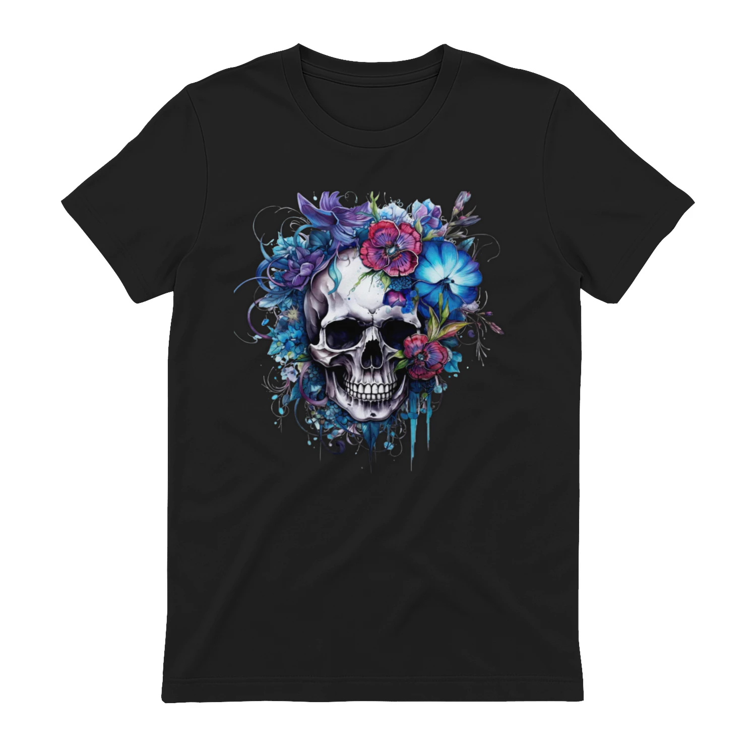 Gothic floral skull with blue and scarlet flowers
