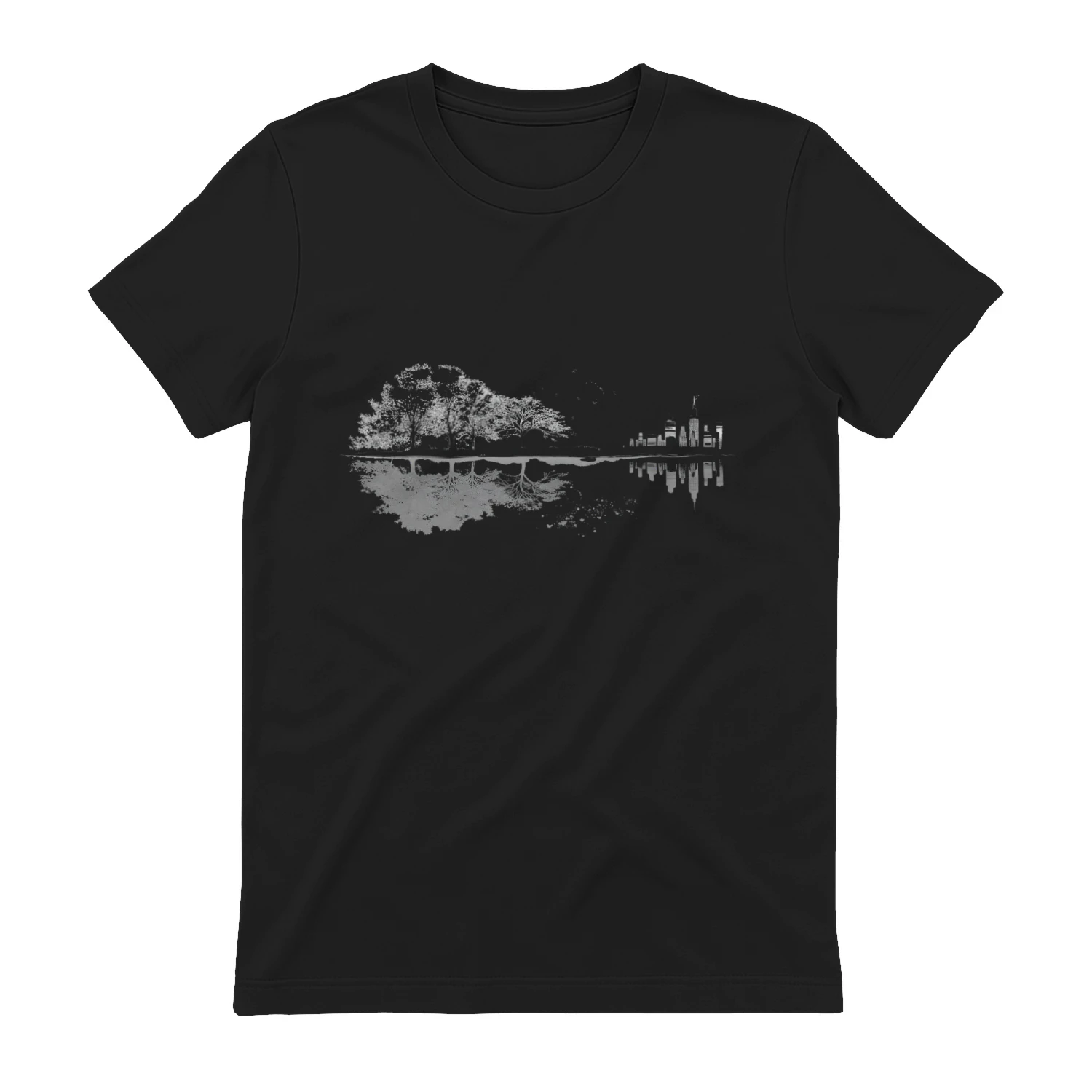 Nature vs City Reflection T-Shirt - Minimalist Forest & City Skyline Graphic Tee