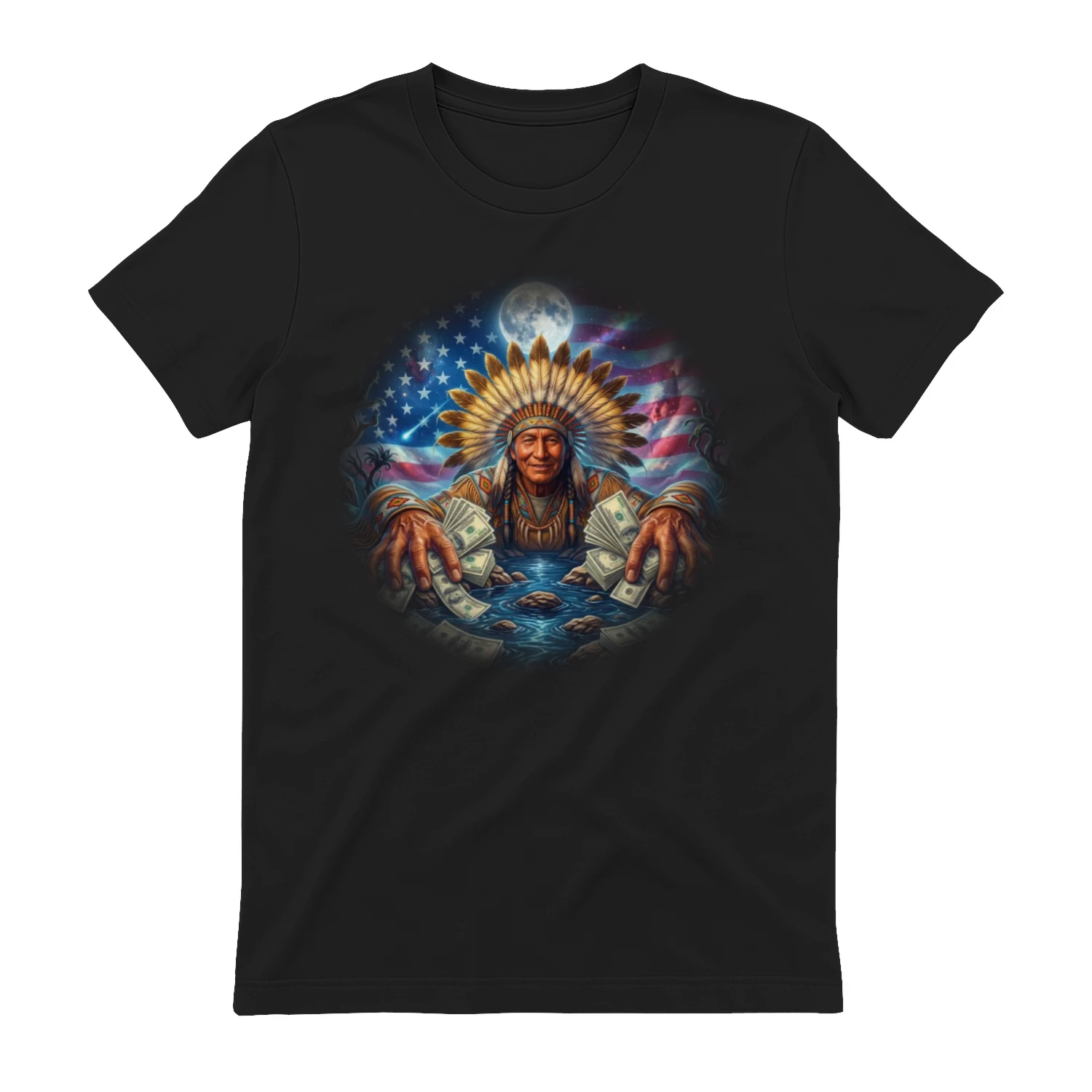 Indigenous Wealth and the American Dream: Cosmic Chief with Money Graphic