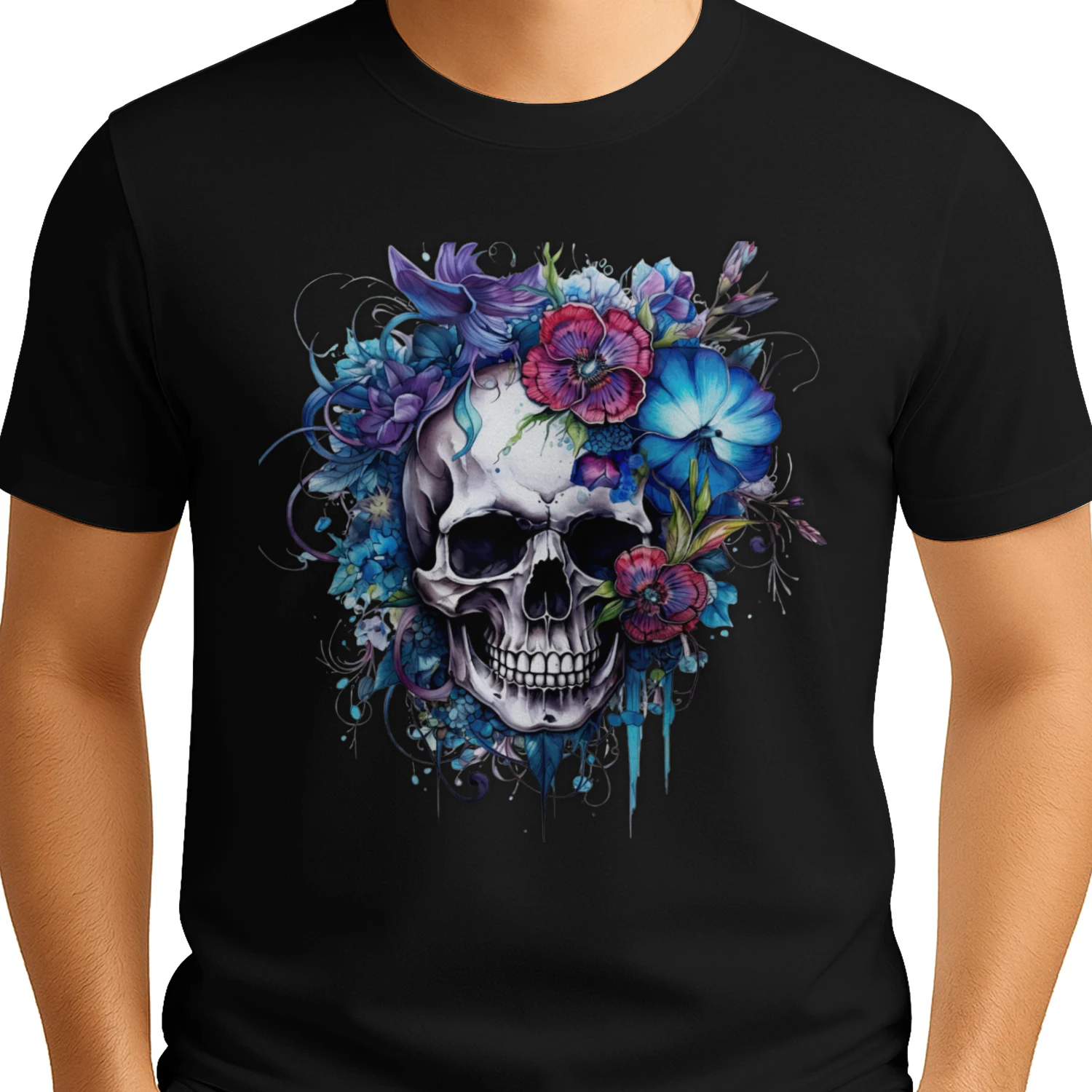 Gothic floral skull with blue and scarlet flowers