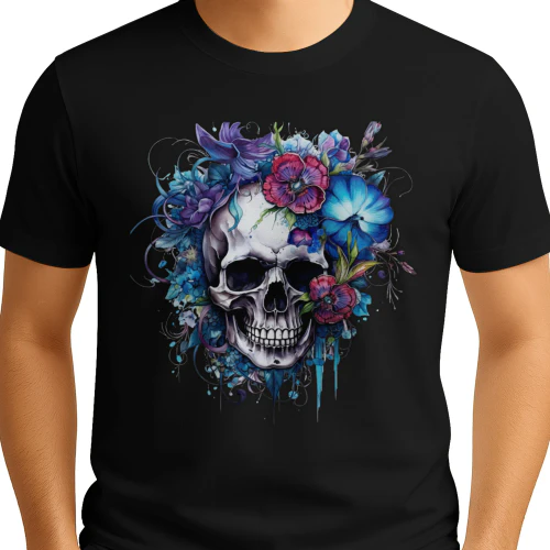 Gothic floral skull with blue and scarlet flowers