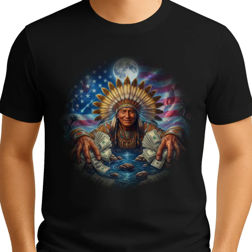 Indigenous Wealth and the American Dream Cosmic Chief with Money Graphic