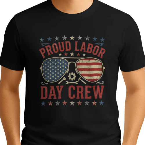 Vintage Patriotic "Proud Labor Day Crew" T-Shirt Design with American Flag Aviator Sunglasses and Tools