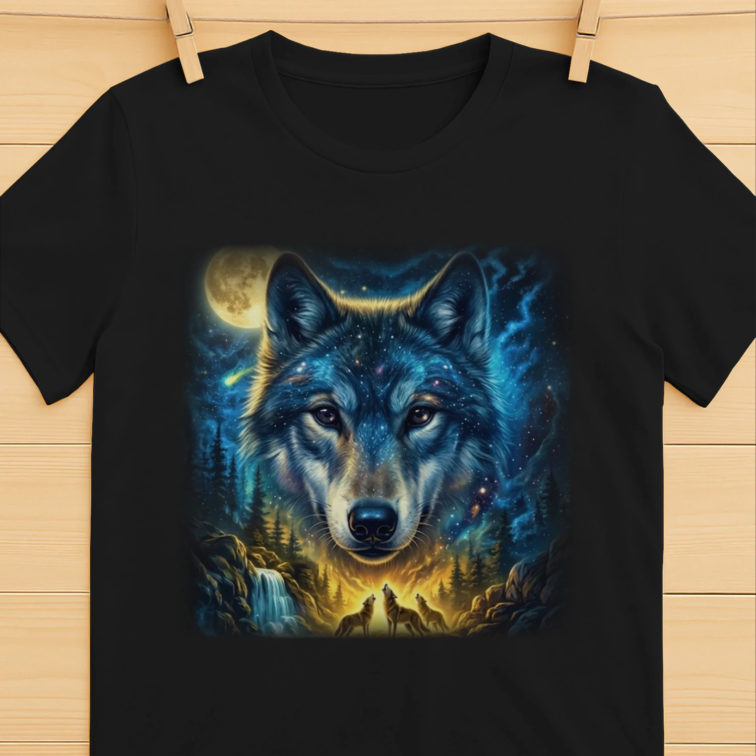 Valley of the Wolves T-Shirt - Cosmic Howling Wolf Graphic Tee