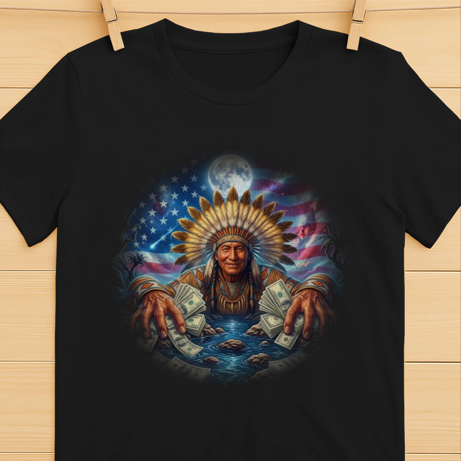 Indigenous Wealth and the American Dream: Cosmic Chief with Money Graphic