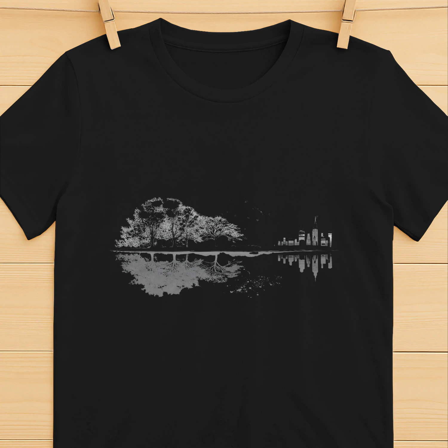Nature vs City Reflection T-Shirt - Minimalist Forest & City Skyline Graphic Tee