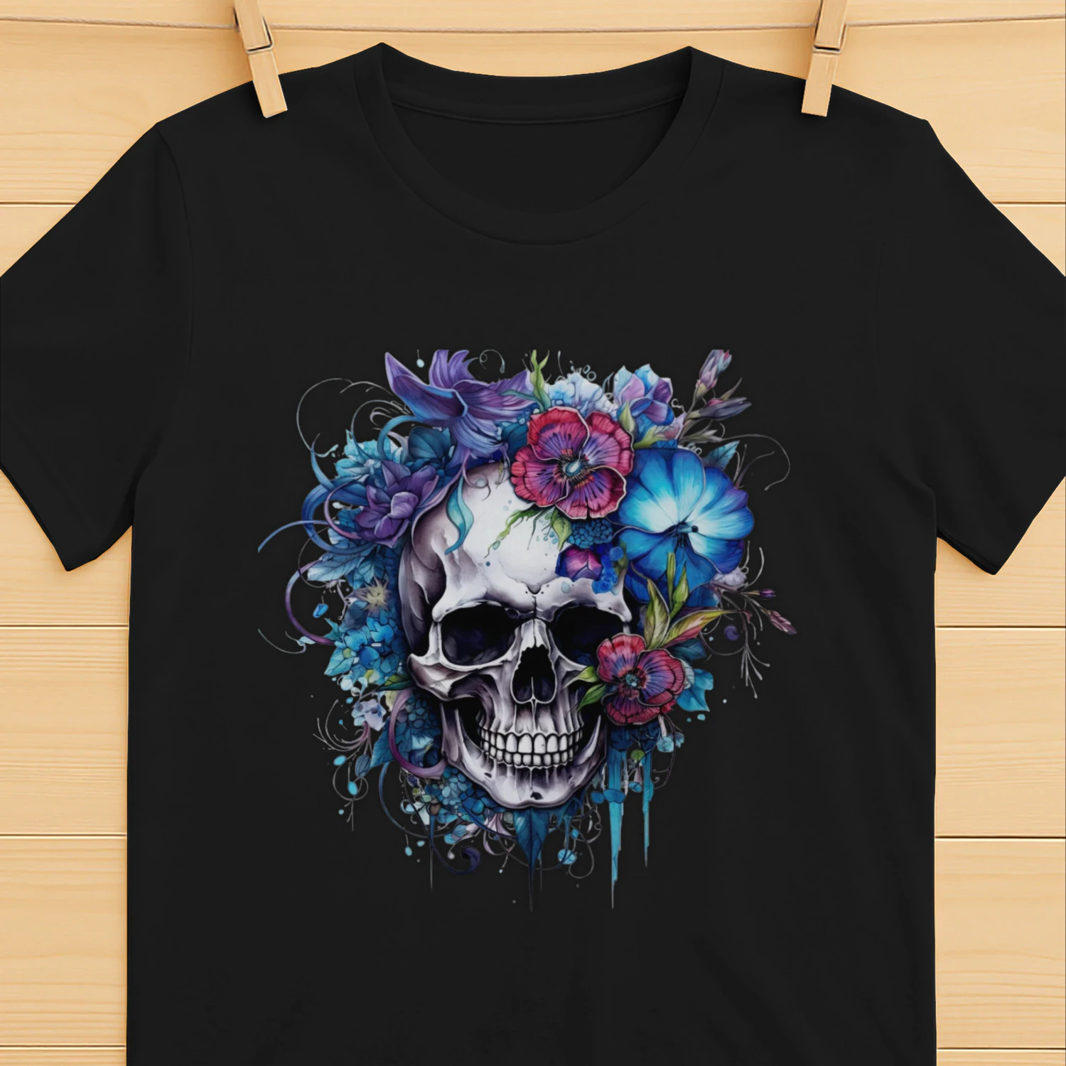 Gothic floral skull with blue and scarlet flowers